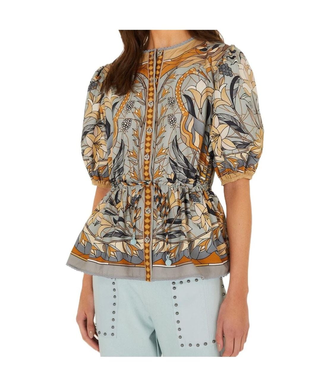 Farm Rio Multicolor Stained Glass Floral-Print Puff-Sleeve Blouse