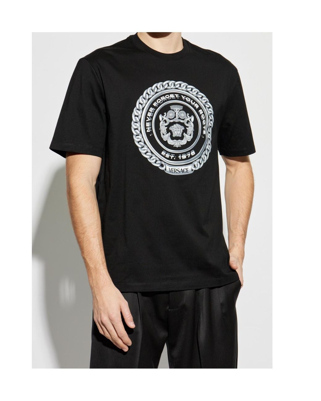 Versace Black Never Forget-Printed Crewneck T-Shirt for men