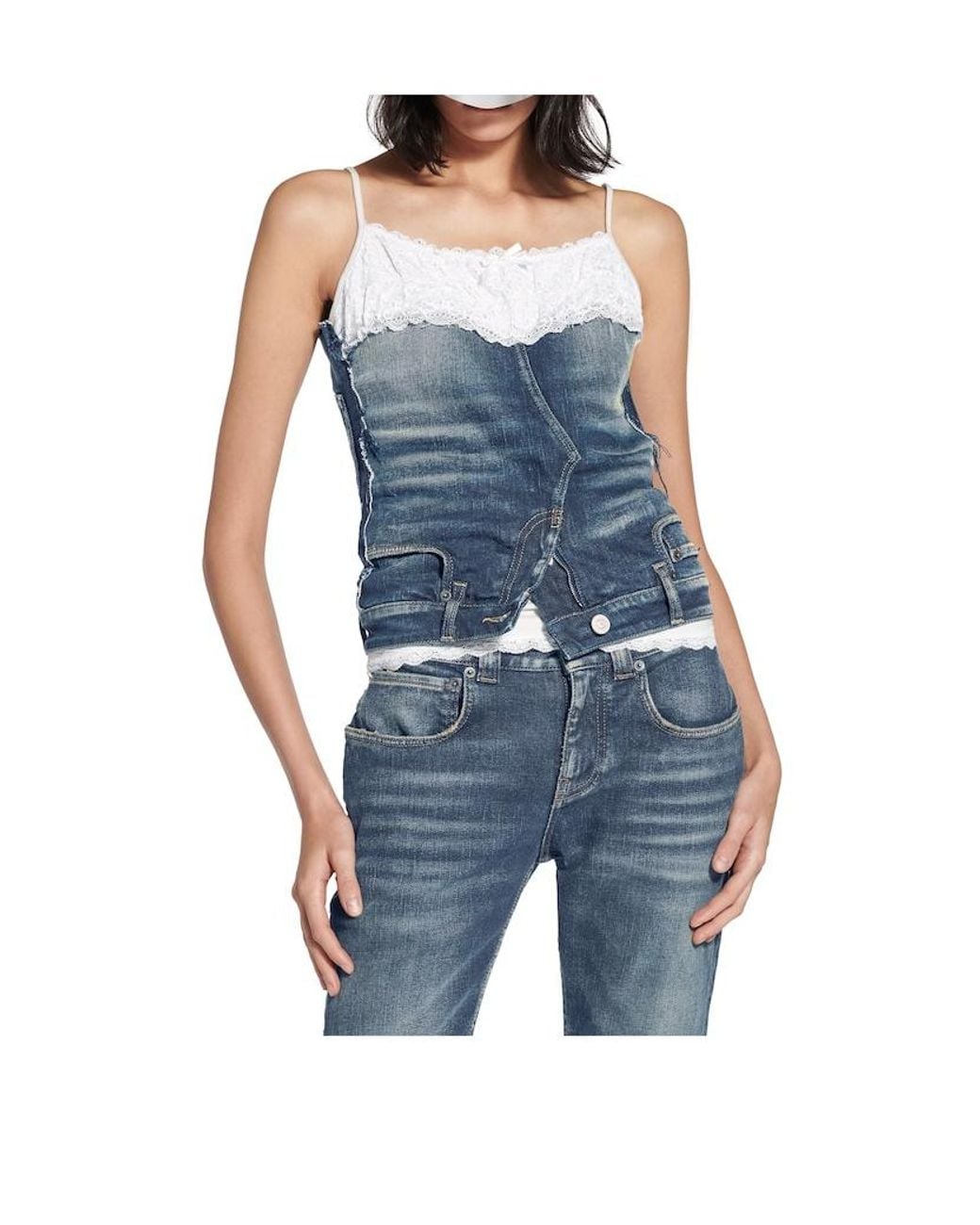 Balenciaga Blue Lace Detailed Denim Top