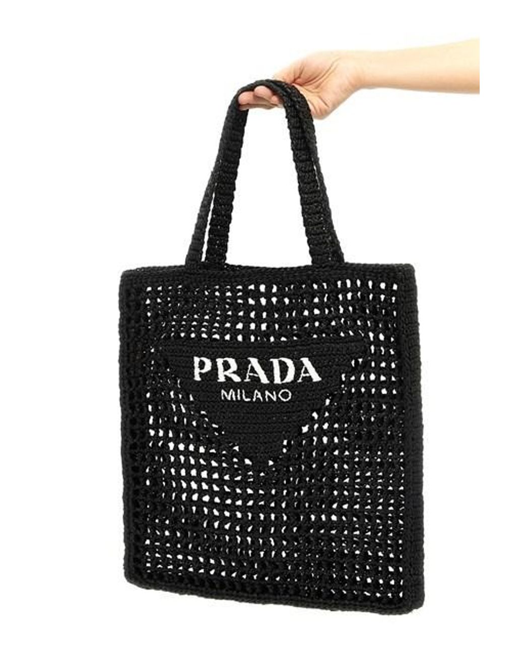 Prada Black Logo Printed Woven Tote Bag