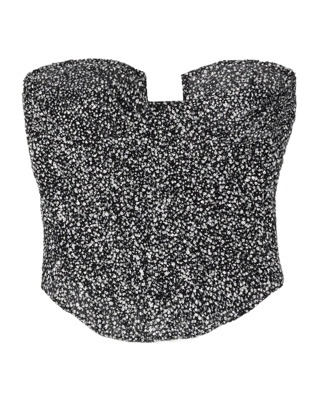 Sandra Mansour Gray Strapless Glittered Tulle Bustier Top