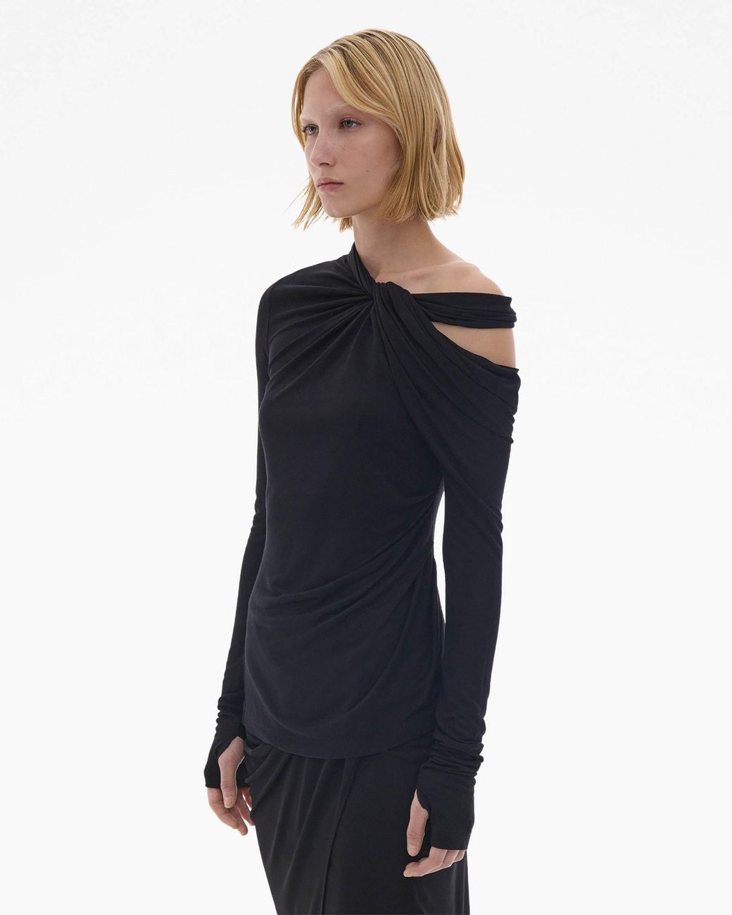 Helmut Lang Black Cold Shoulder Twist Detailed Top