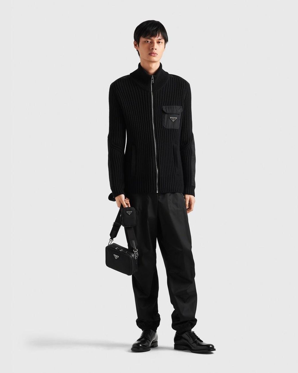 Prada Black Wool And Cashmere Cardigan With Re-Nylon Details for men
