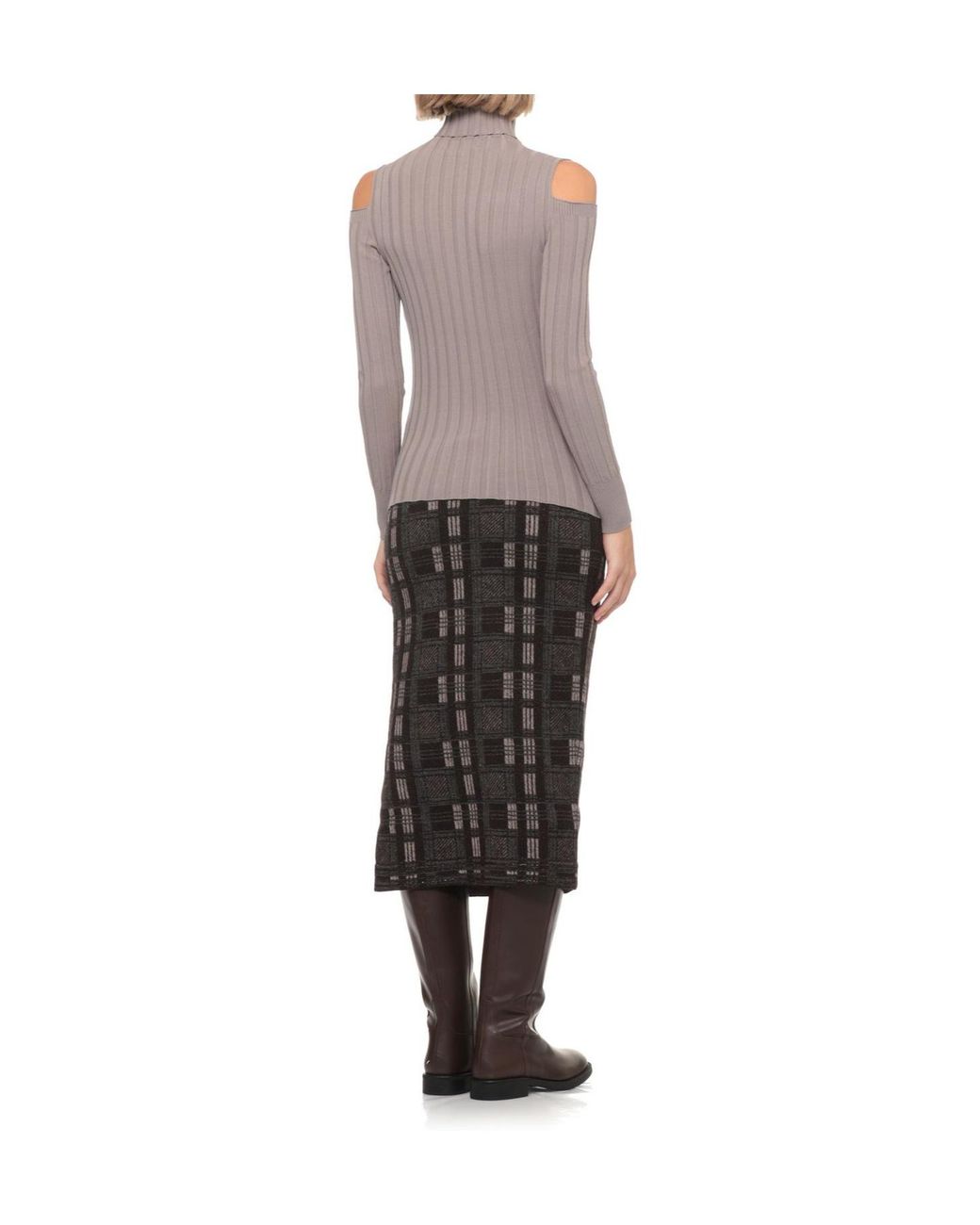 D.exterior Gray Ribbed Cold-Shoulder Knitted Sweater