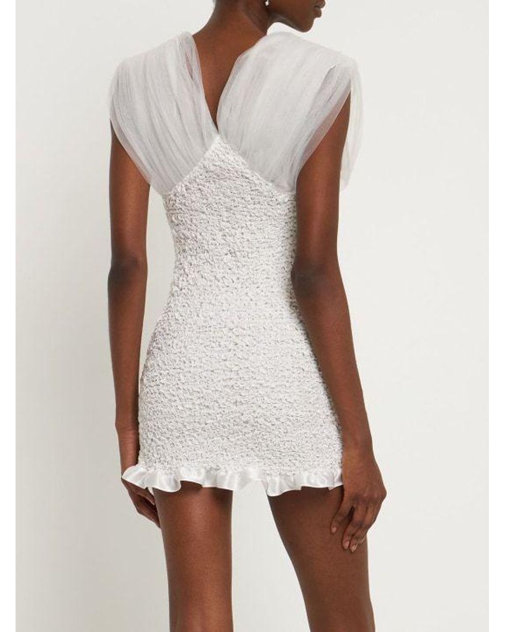 Alessandra Rich White Ruched Silk Satin Mini Dress W/ Tulle