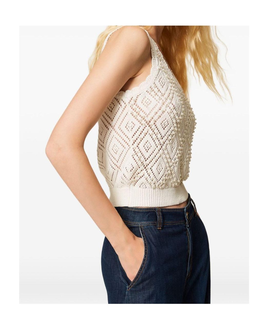 Twinset Natural Pearl-Embellished Knit Tank Top