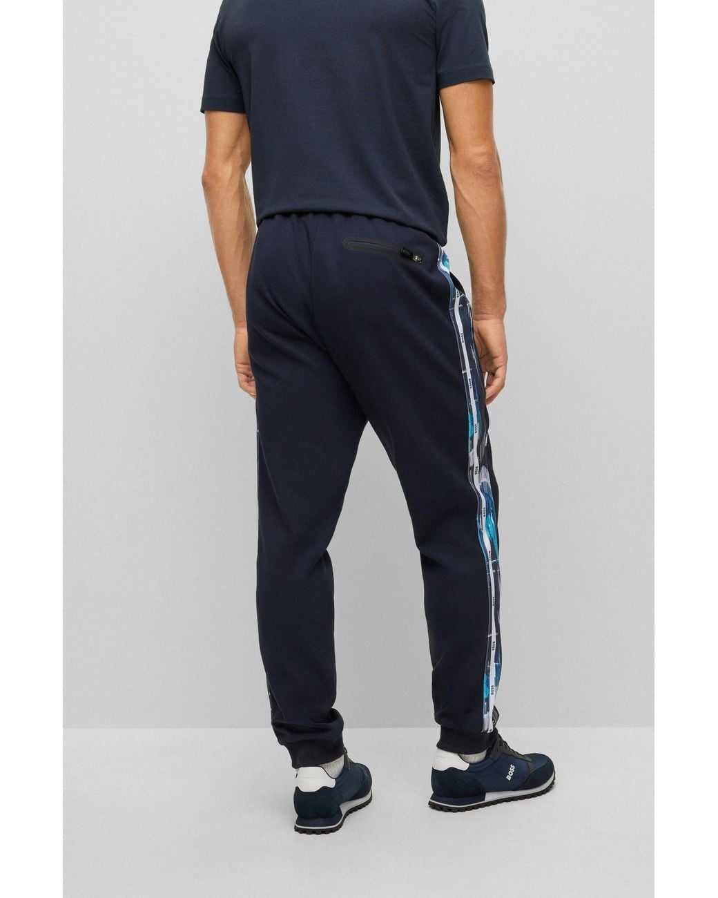 Boss Blue Side Stripe-Print Track Pants for men