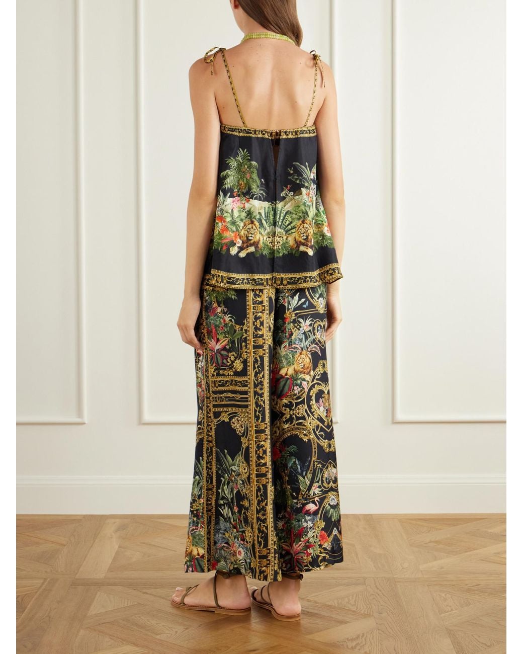 Camilla Black Crystal-Embellished Printed Silk-Satin Top