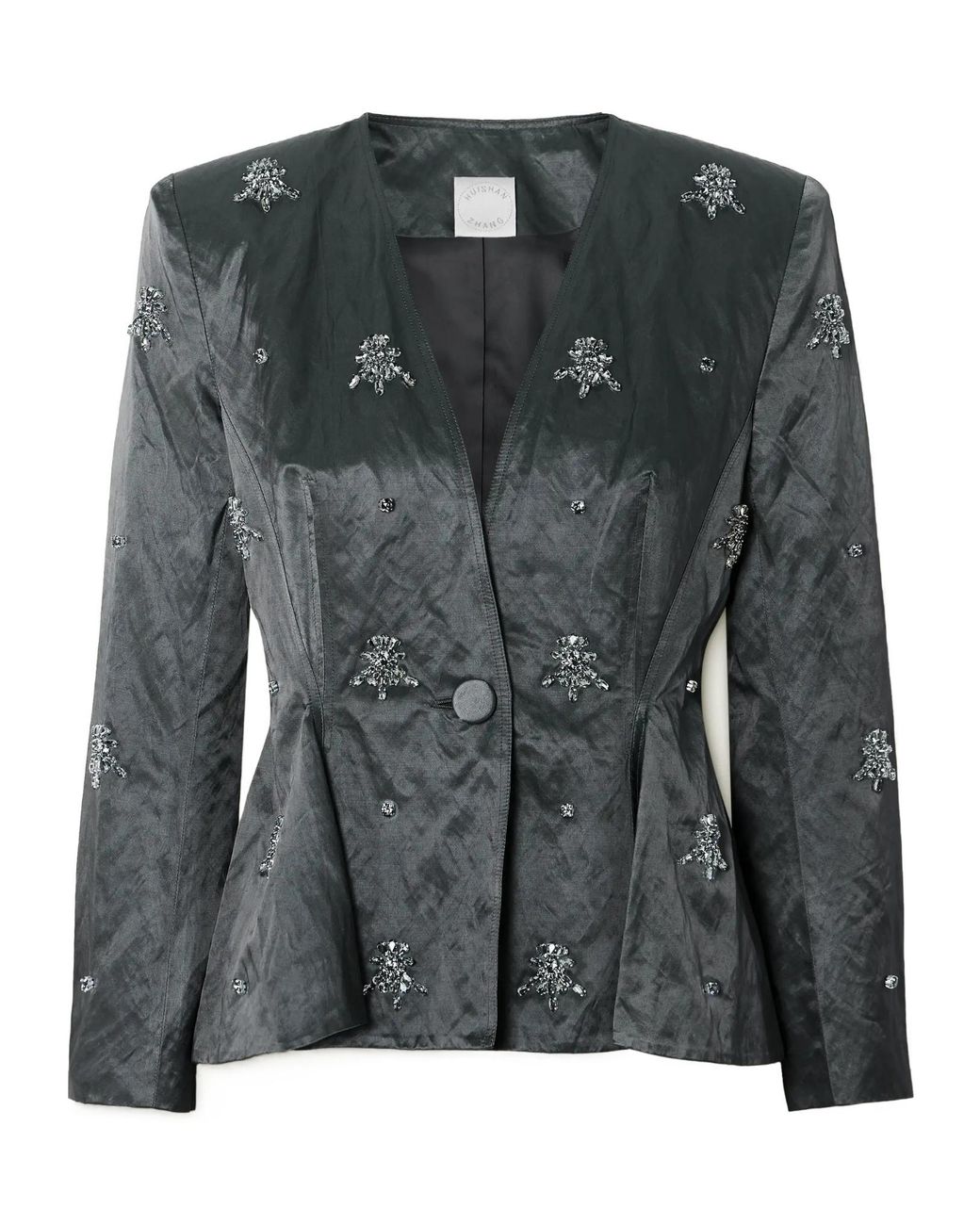 Huishan Zhang Black Antoine Crystal-Embellished Crinkled Satin-Twill Blazer