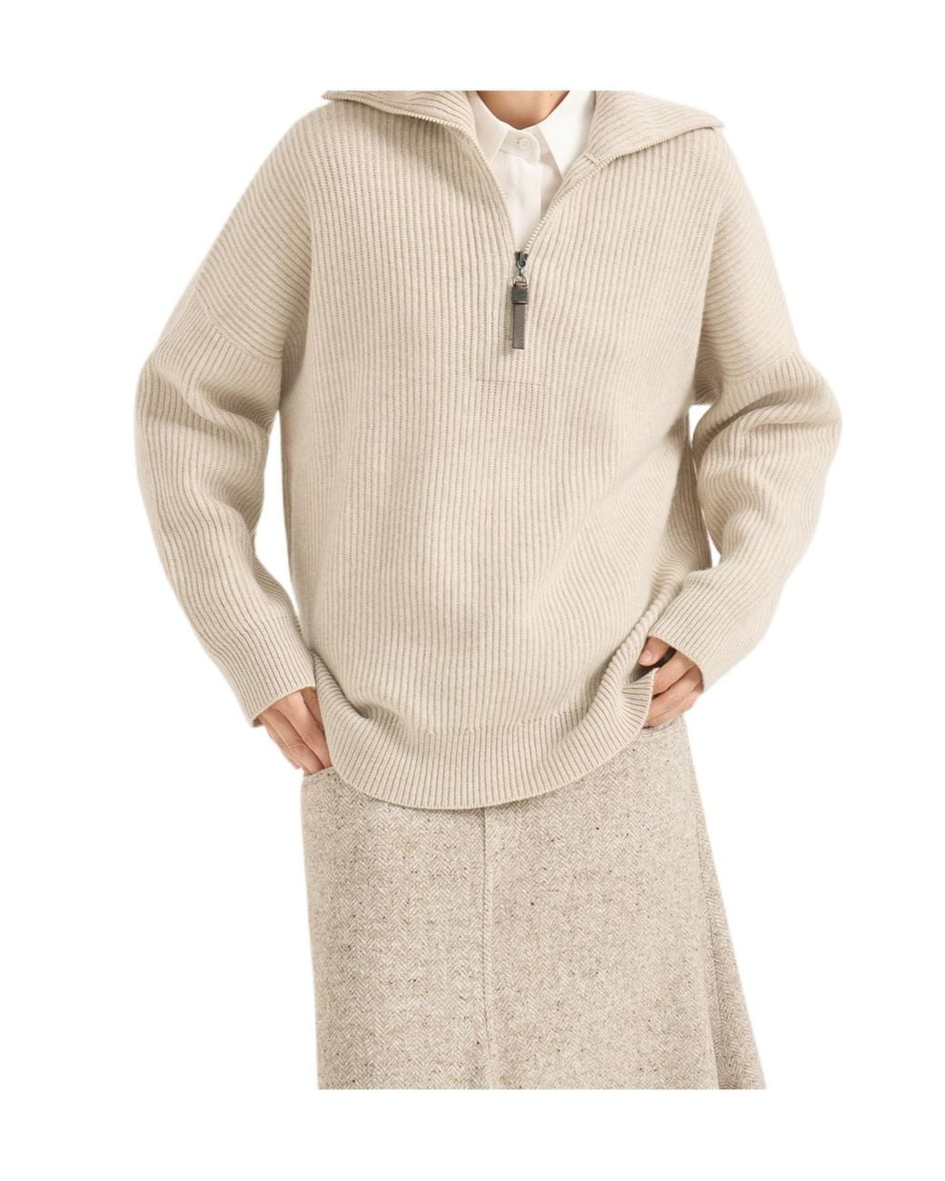 Brunello Cucinelli Natural Cashmere English Rib Sweater With Shiny Zipper Pull
