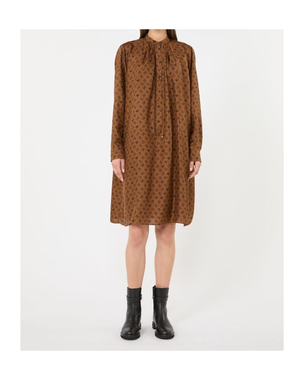 Max Mara Brown Silk Logo-Print Shirt Dress