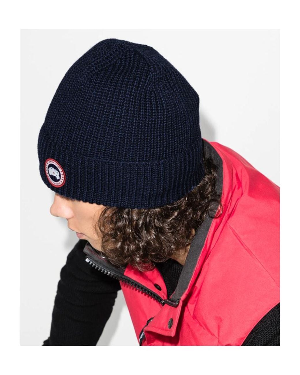 Canada Goose Blue Logo Patch Ribbed Beanie Hat for men