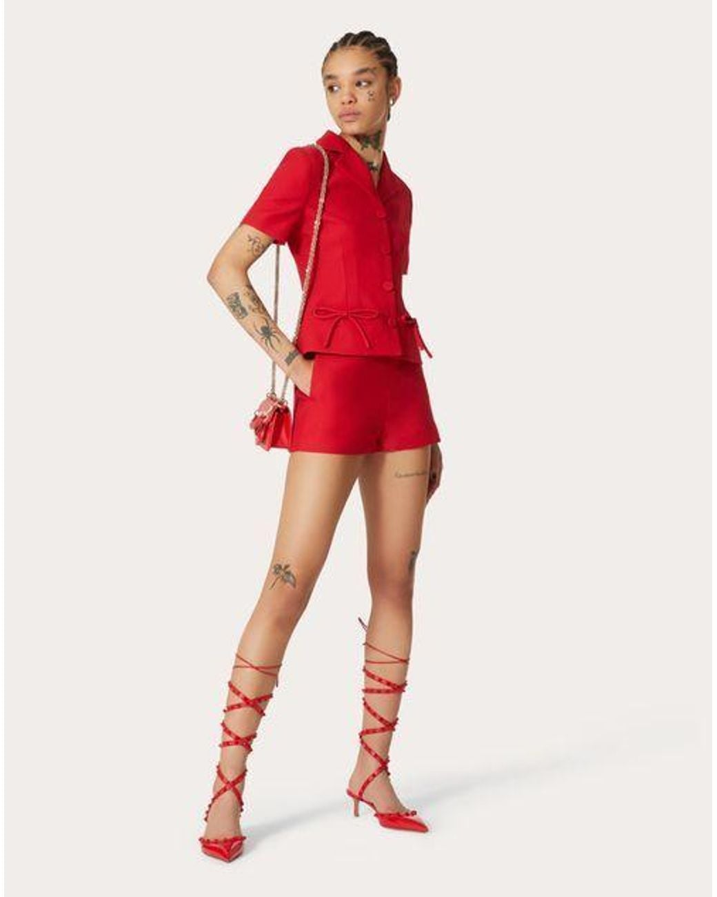 Valentino Red Crepe Couture Logo Plaque Shorts