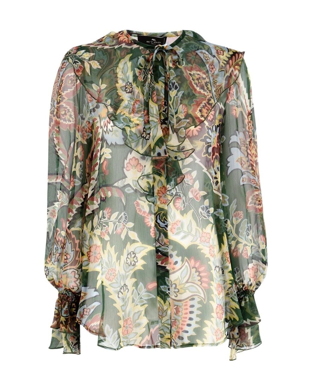 Etro Green Floral-Printed Ruffled Shirt