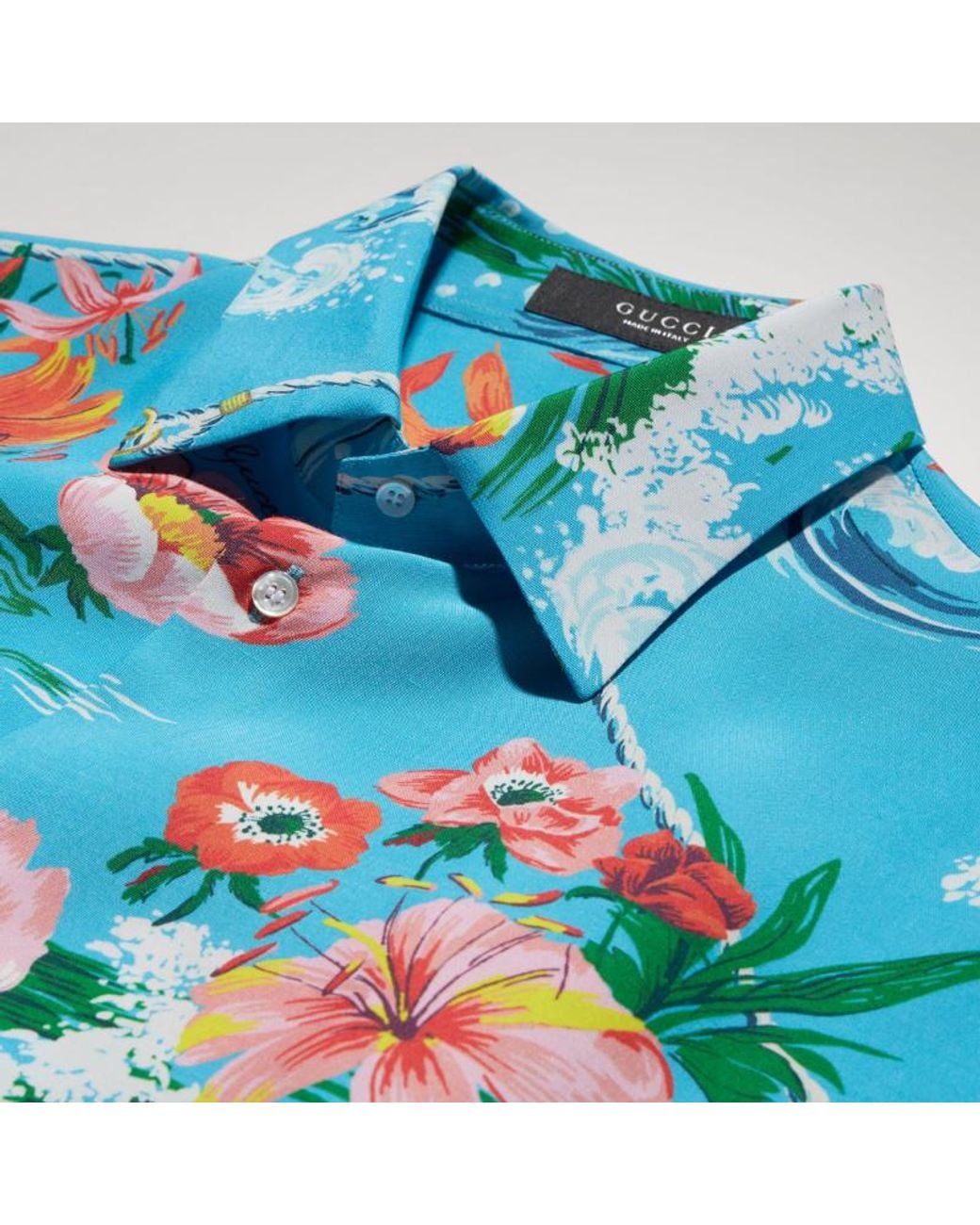 Gucci Blue Printed Collared Long-Sleeve Shirt for men