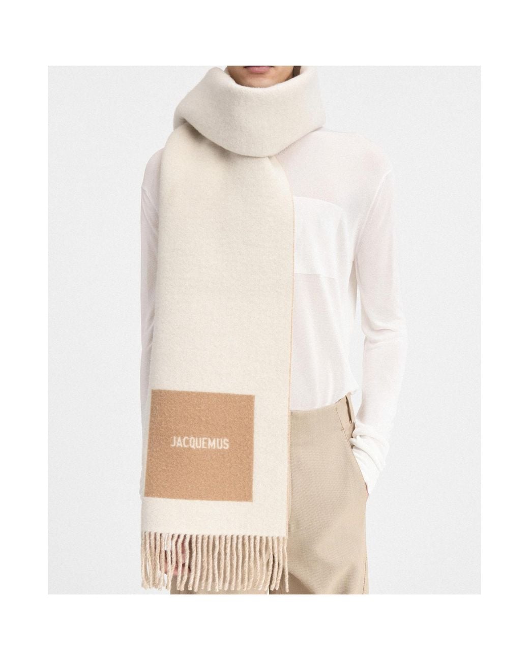 Jacquemus White Logo Detailed Fringed Scarf for men