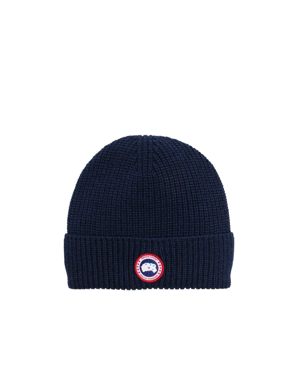 Canada Goose Blue Logo Patch Ribbed Beanie Hat for men