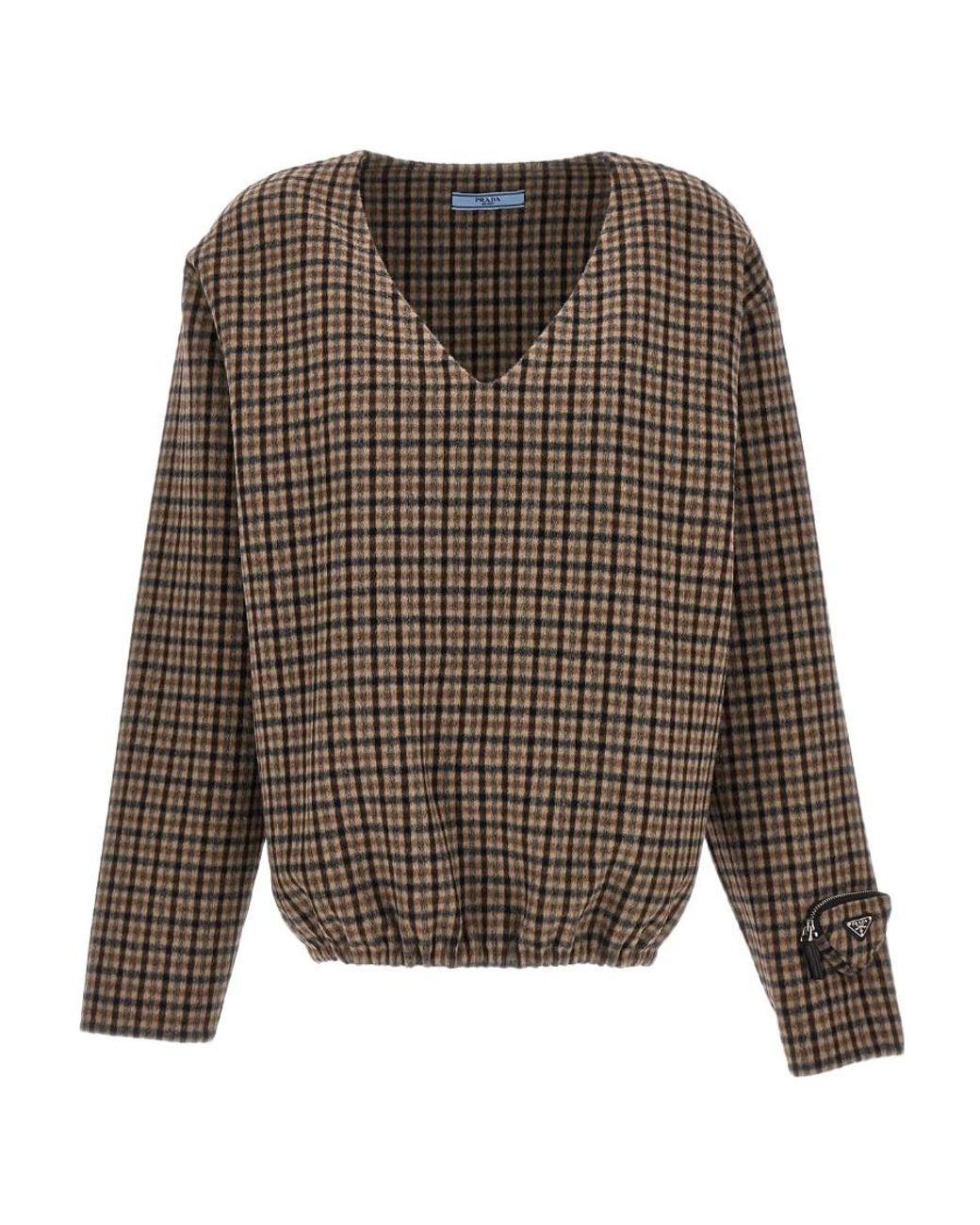 Prada Brown Checked V-Neck Top
