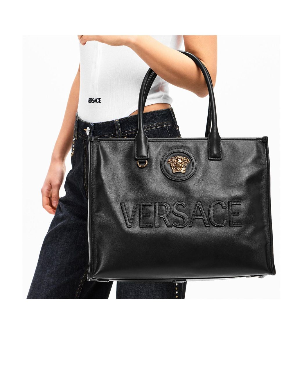 Versace Black Leather Tote Bag