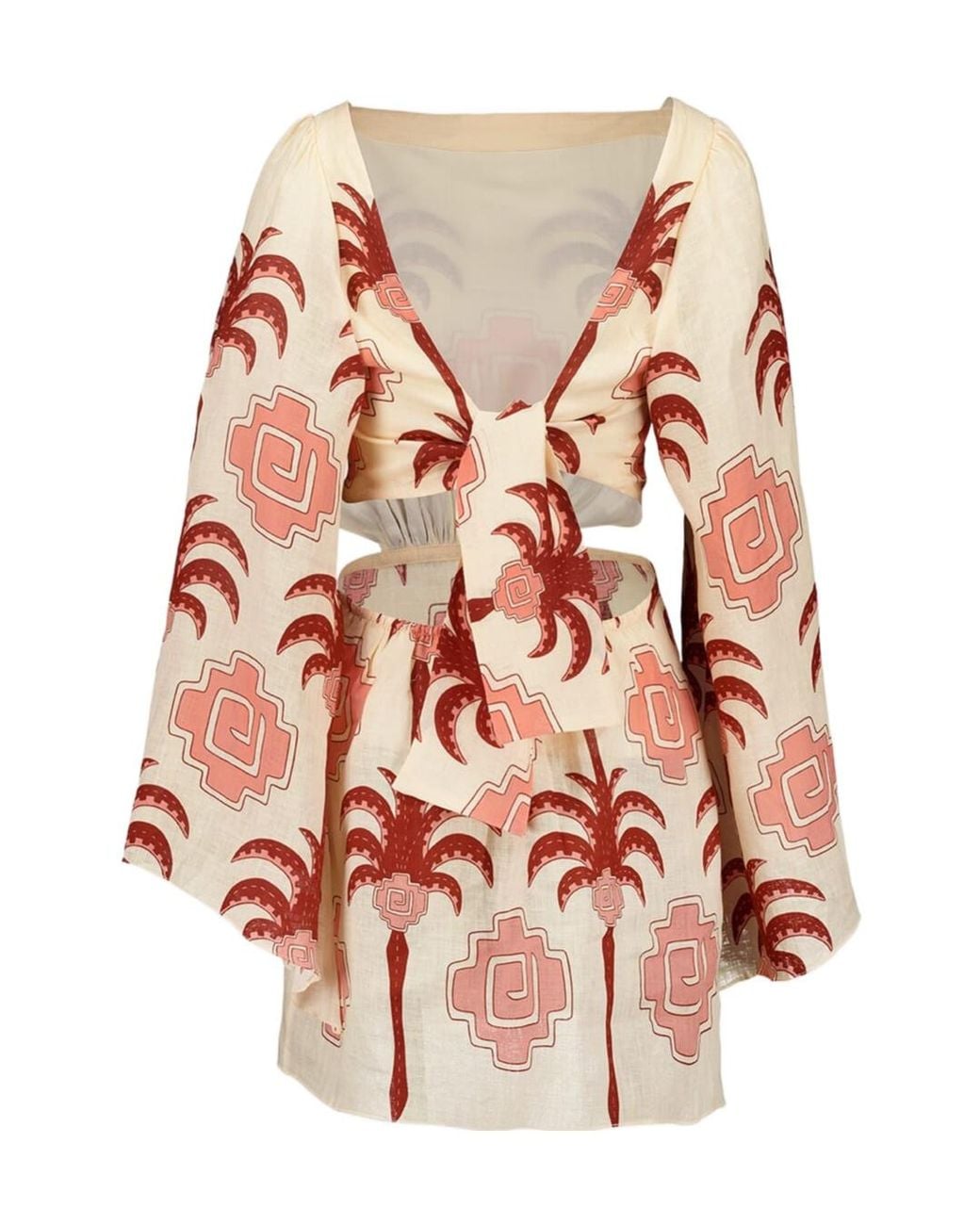 Johanna Ortiz Multicolor Wave After Wave Palm-Tree Print Open-Neck Mini Dress