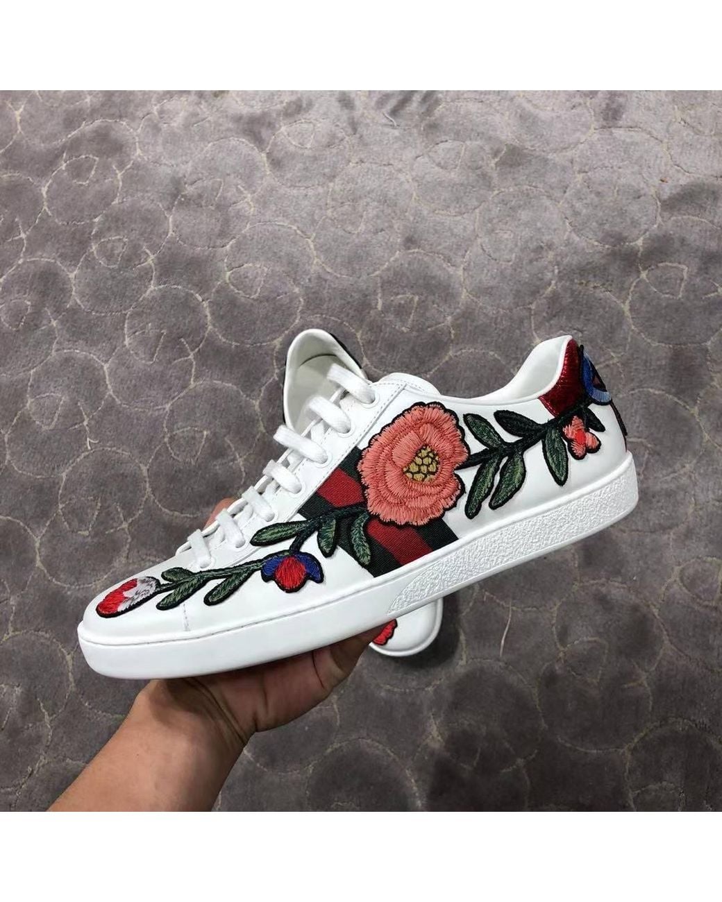 Gucci White Ace Flower Embroidery Casual Sneakers