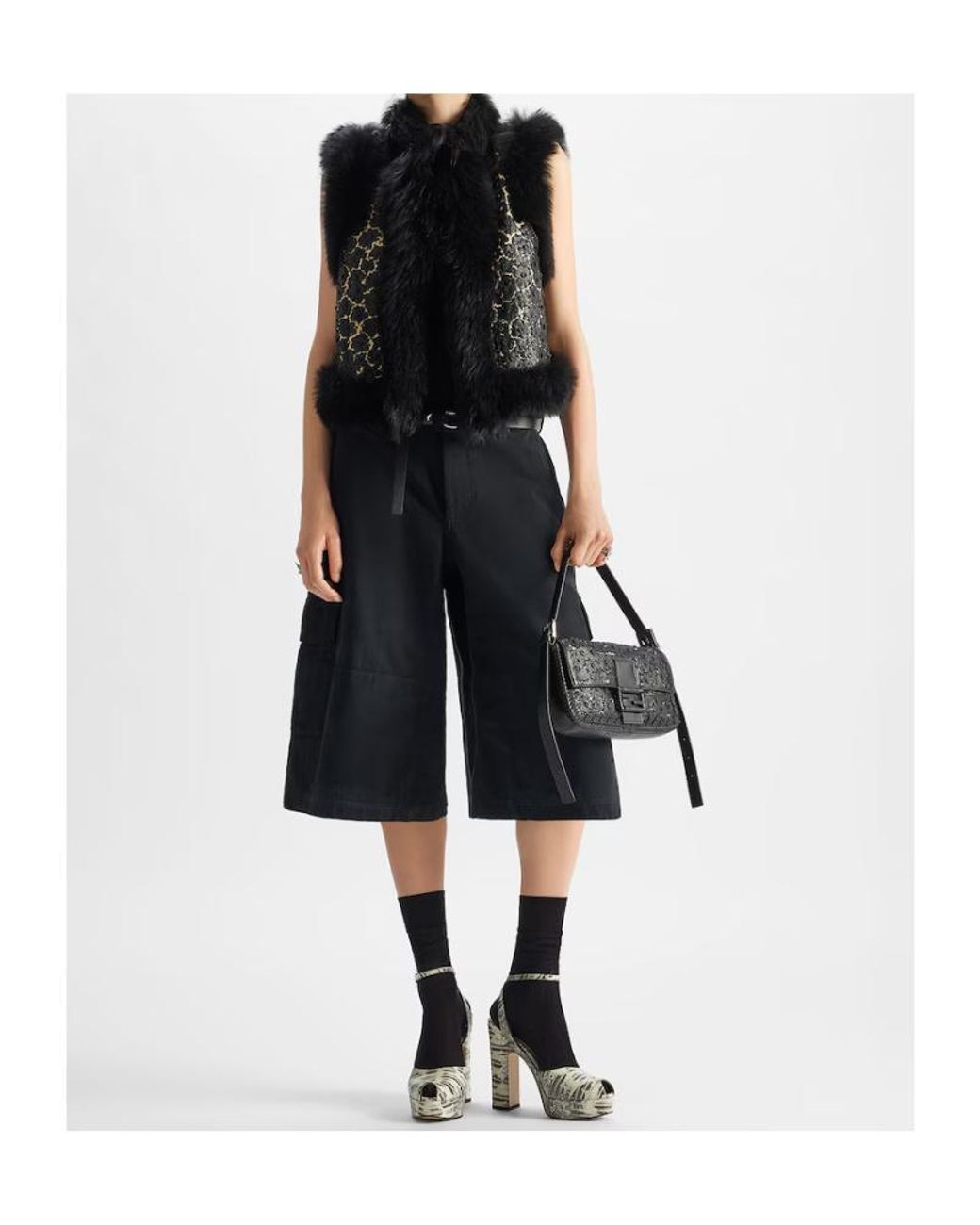 Fendi Black Mid-Rise Wide Leg Bermuda Shorts