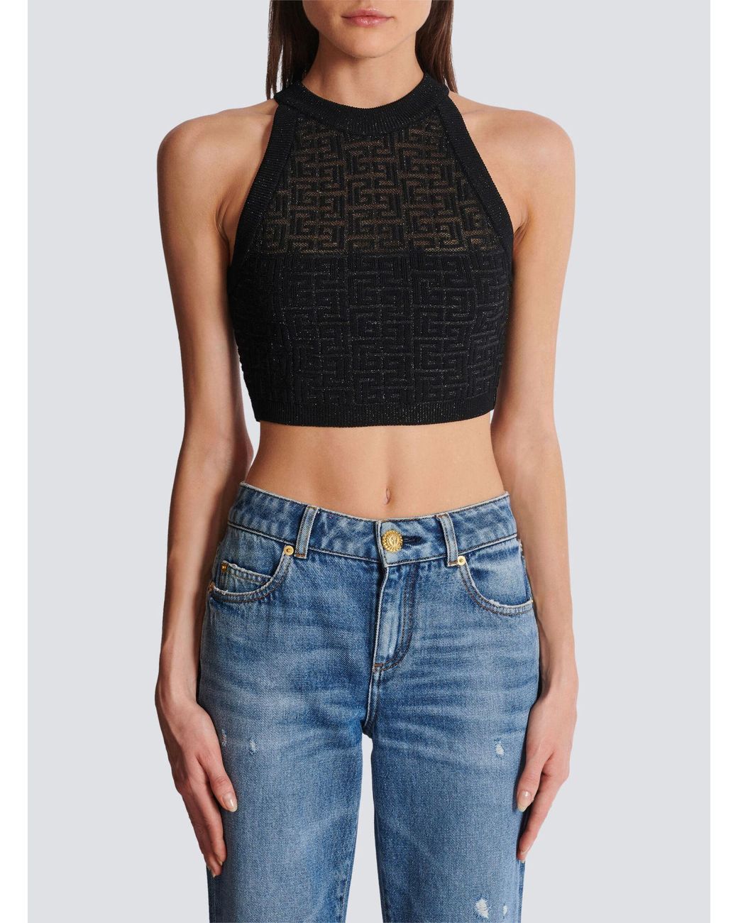 Balmain Black Metallic Monogram Jacquard Crop Top