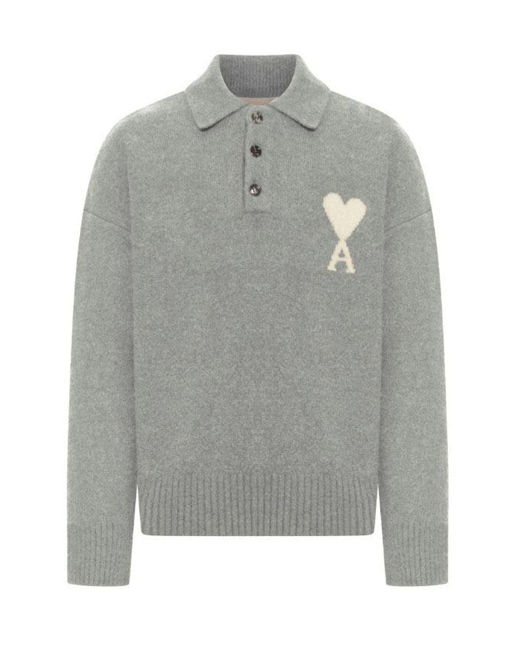 AMI Gray Ami De Coeur Intarsia Polo-Shirt for men
