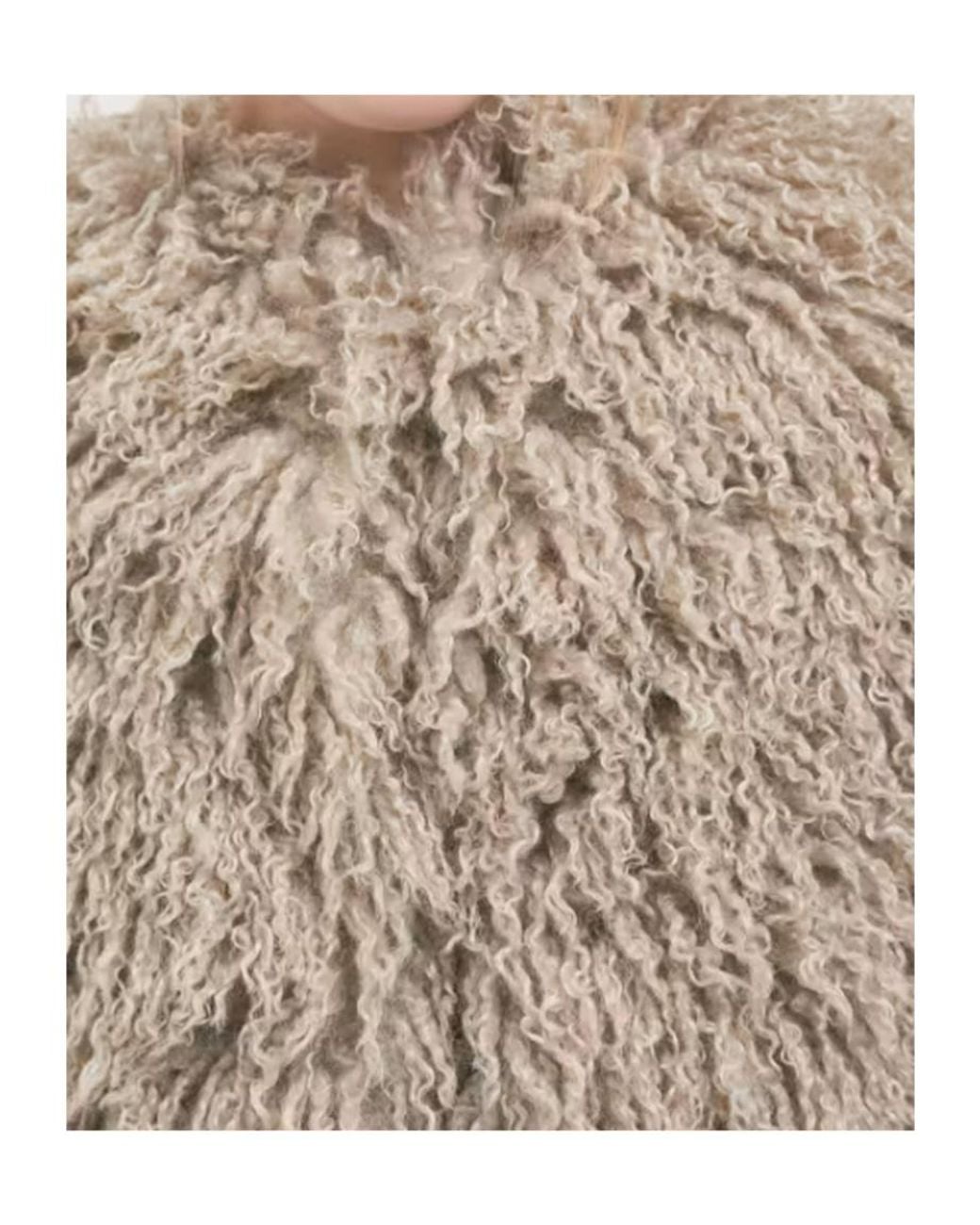 Patrizia Pepe Natural Shaggy Curly Faux Fur Stand-Collar Long Coat