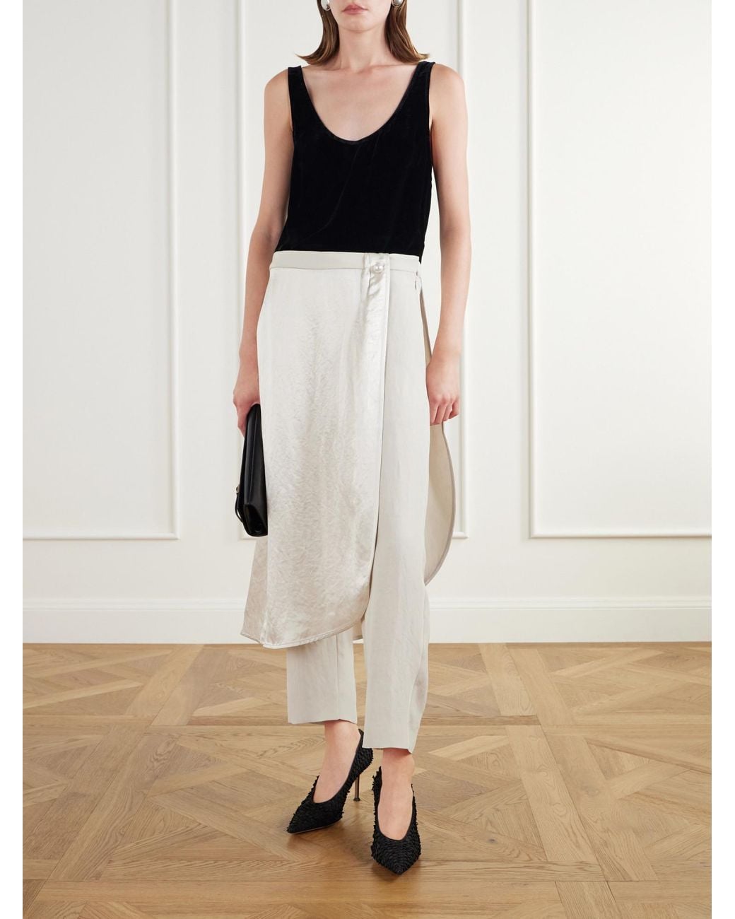 Maria McManus White Wrap-Effect Satin Straight-Leg Pants