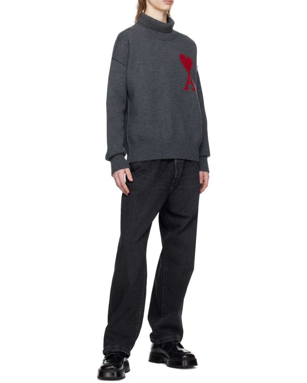 AMI Gray Ami De Coeur Logo Intarsia Knitted Roll-Neck Jumper for men