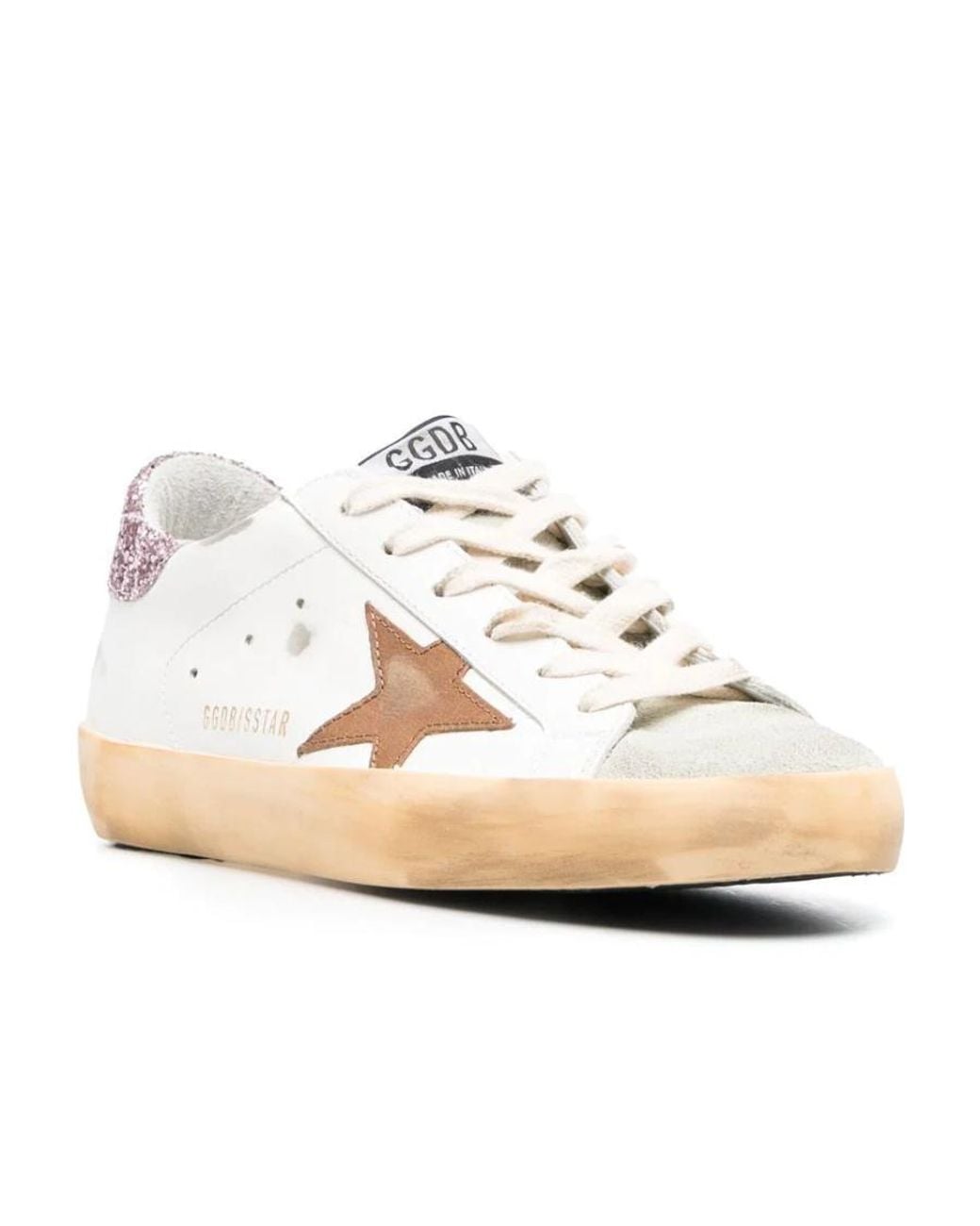 Golden Goose Deluxe Brand White Super-Star With A Tan Star And Glitter Heel Tab