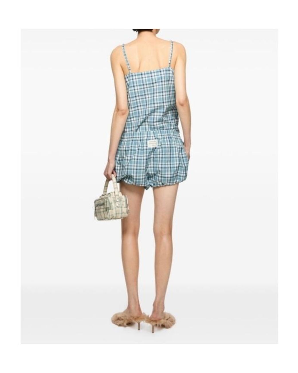 Acne Blue Check-Pattern Bubble Shorts