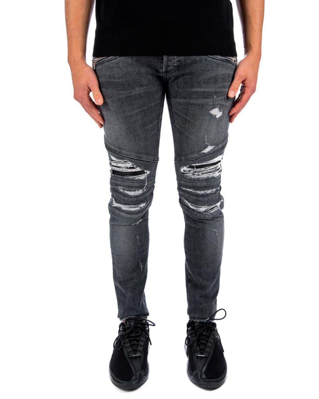 Balmain Gray Slim-Cut Ripped Cotton Jeans With Synthetic Leather Panels for men