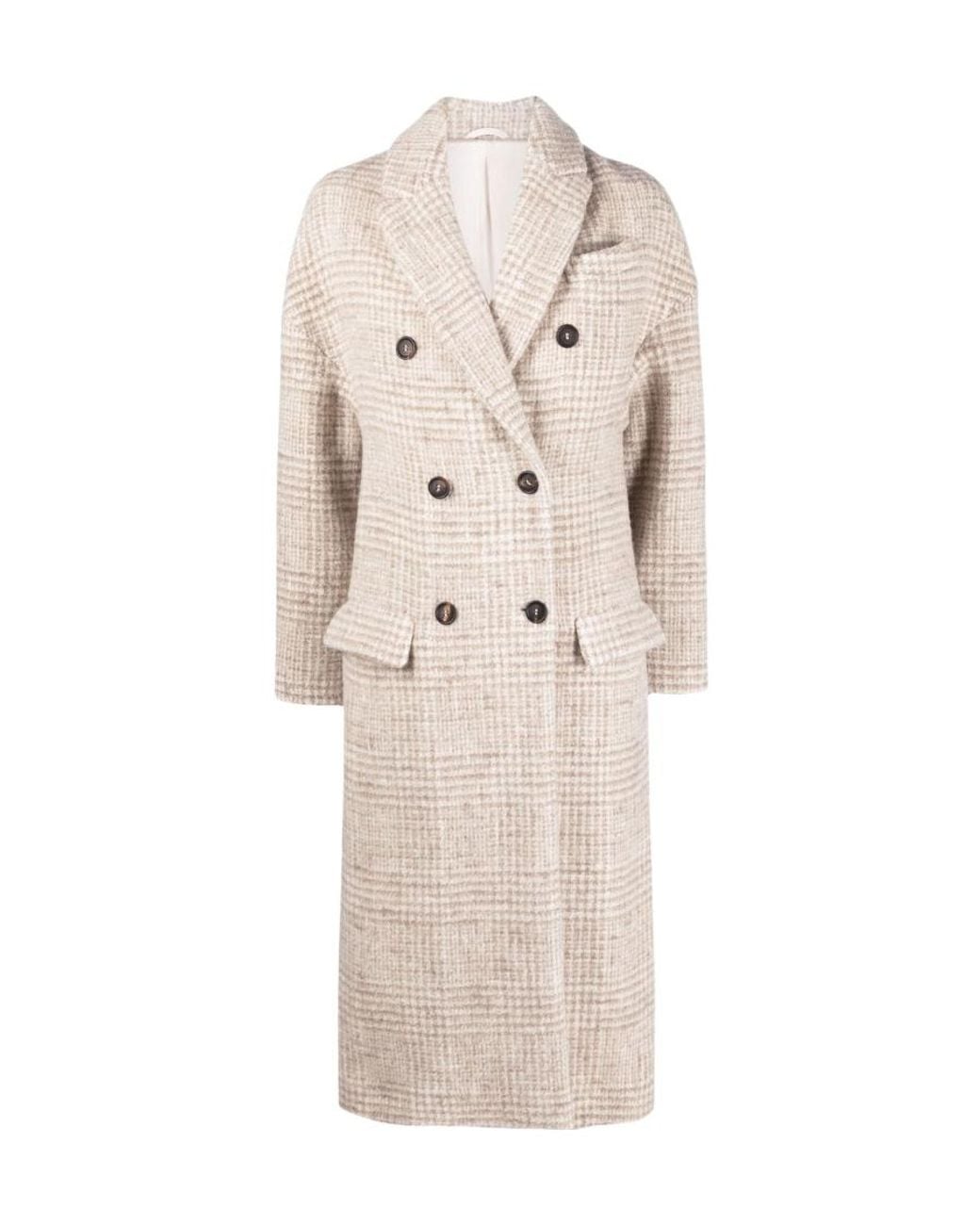Brunello Cucinelli Natural Double-Breasted Checked Coat