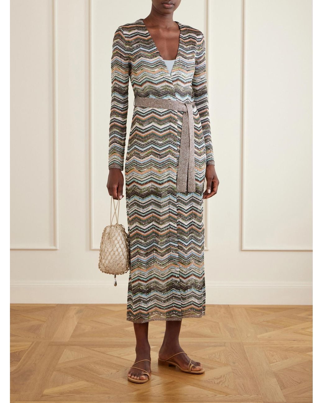 Missoni Gray Striped Belted Crochet-Knit Cardigan