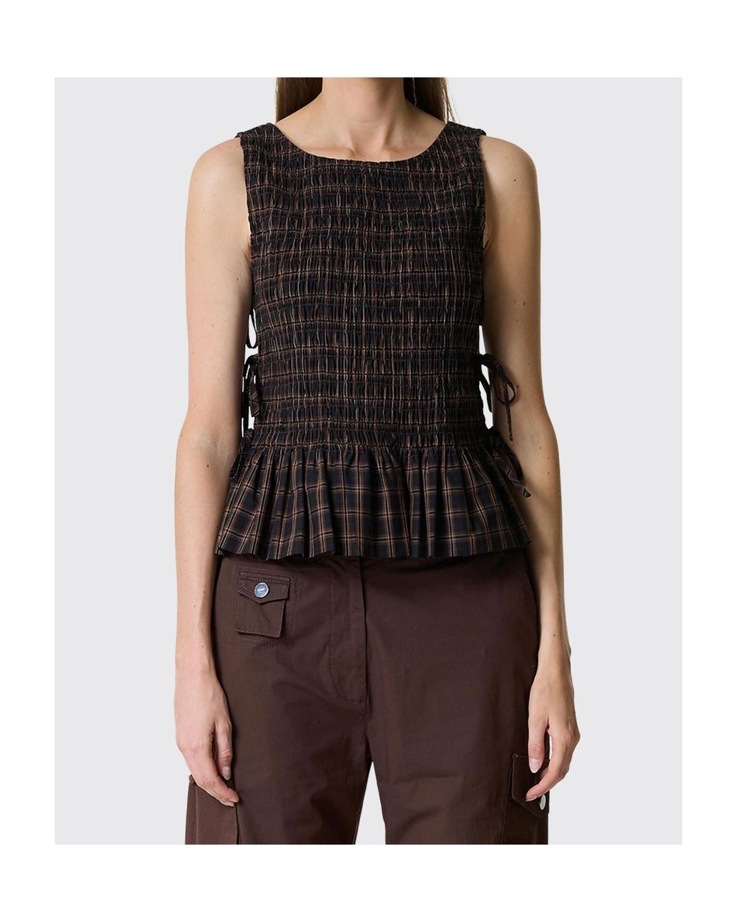 Ganni Black Smocked Check Lace-Up Top