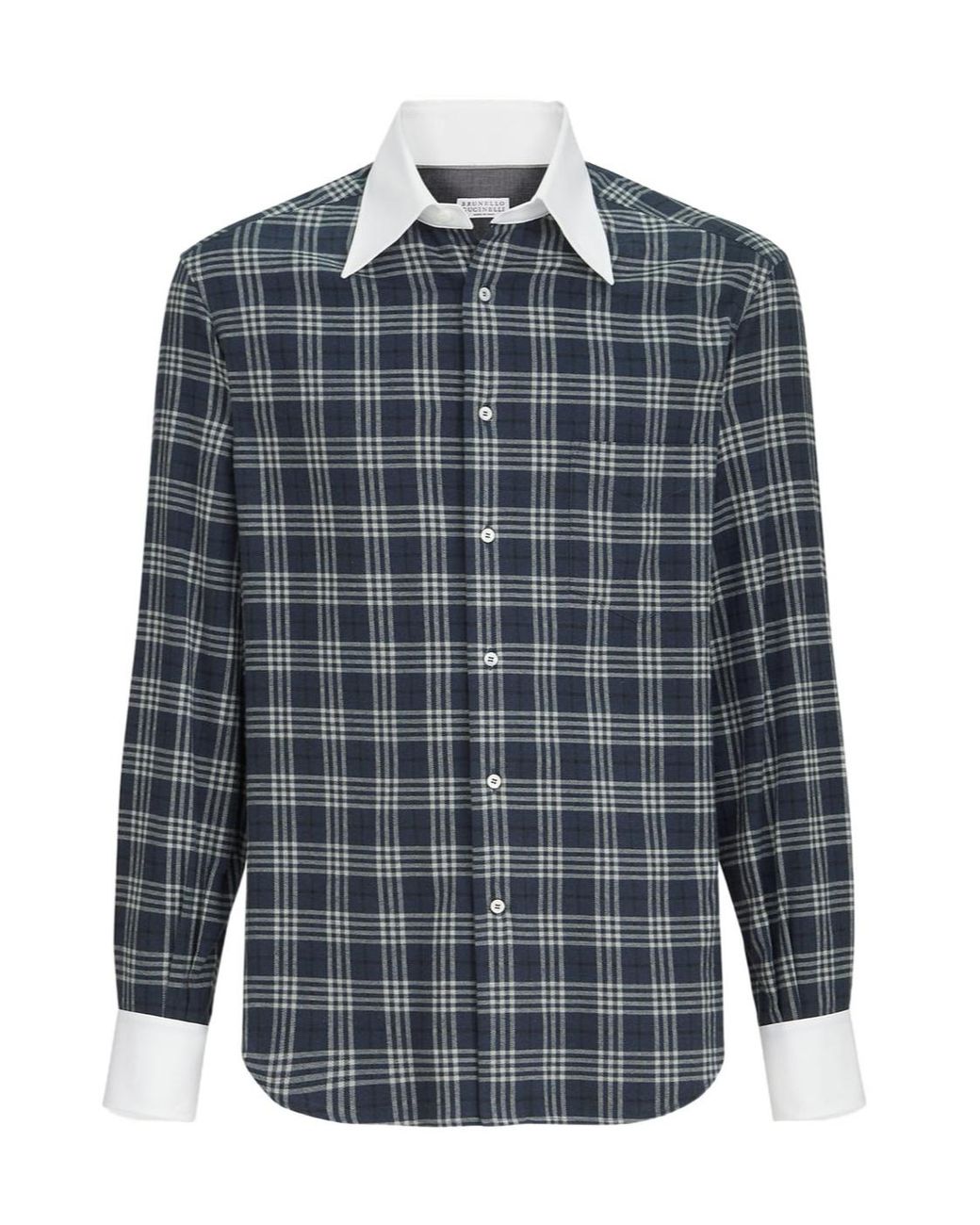 Brunello Cucinelli Blue Cotton And Lyocell Tartan Flannel Shirt With Contrast Italian Collar And Cuffs for men