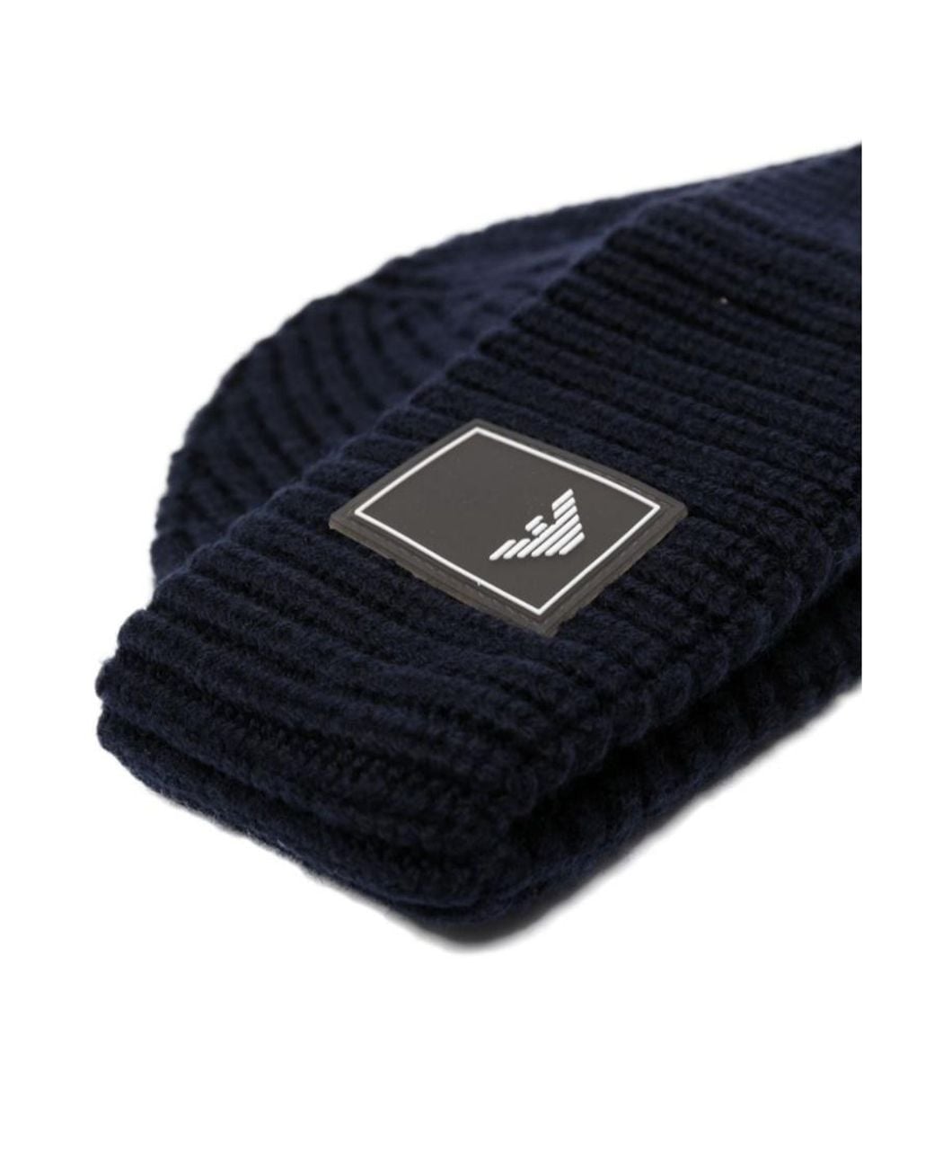 Emporio Armani Black Logo-Patch Ribbed-Knit Wool Beanie for men