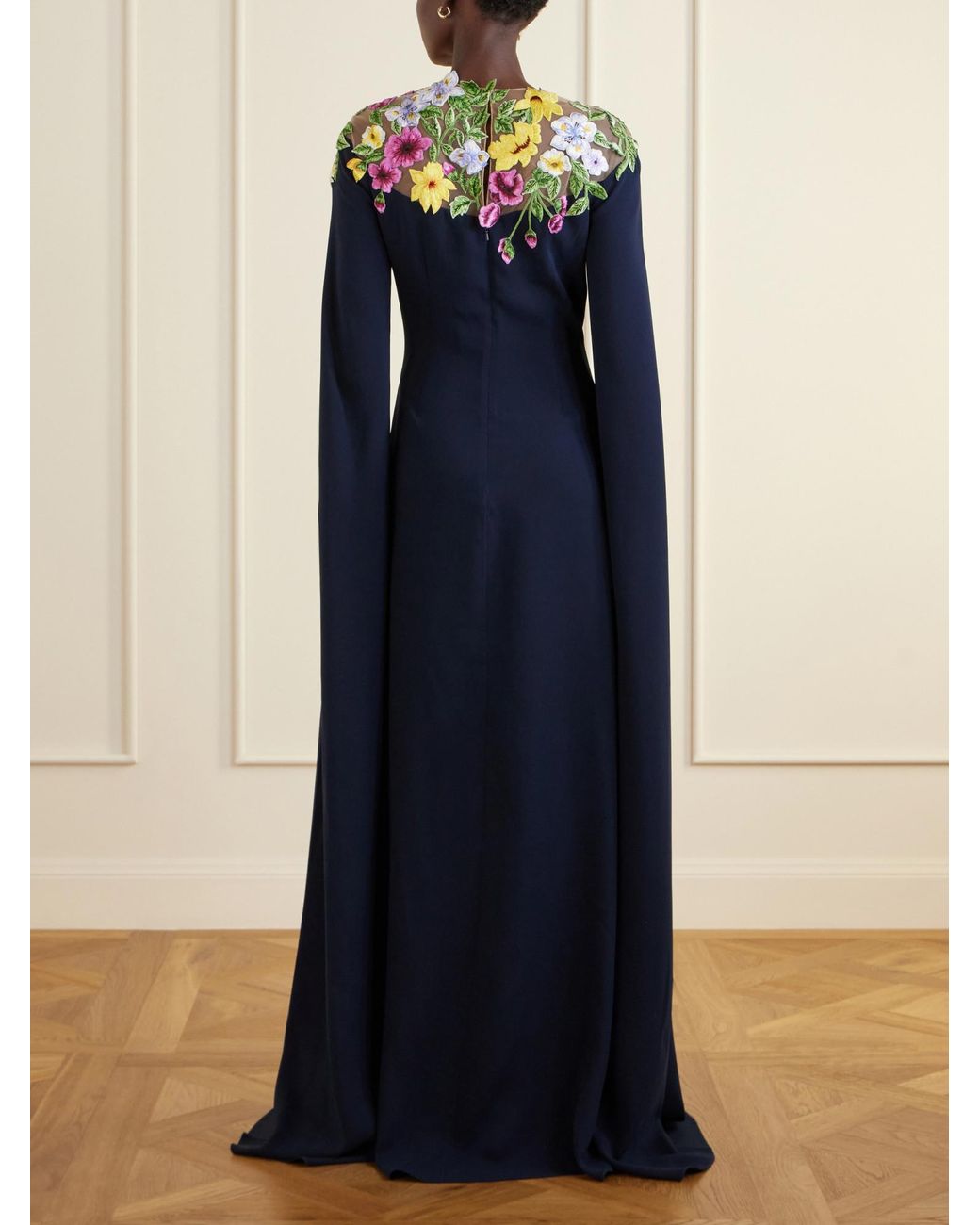 Oscar de la Renta Blue Cape-Effect Floral-Embroidered Silk-Blend Georgette Gown