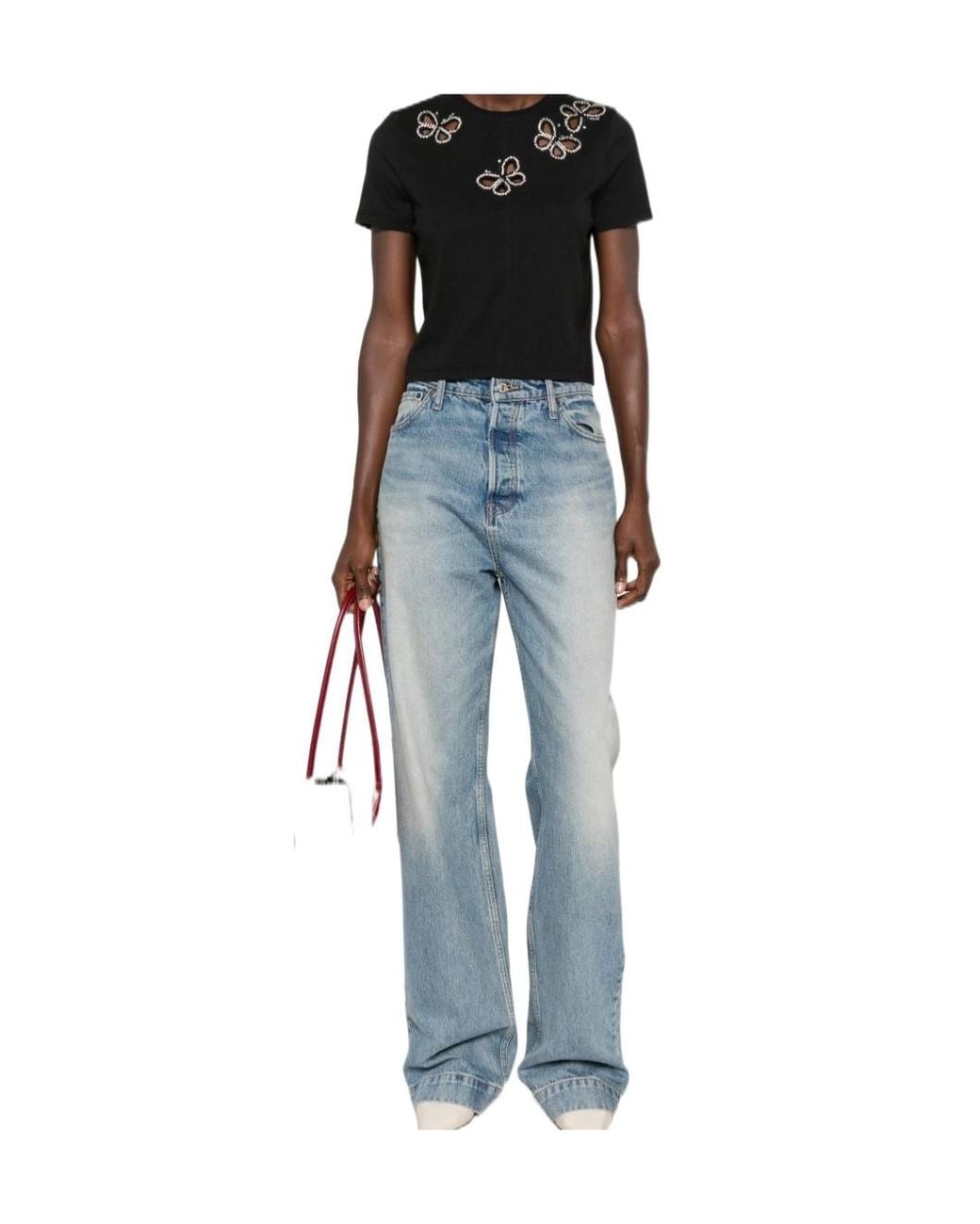 Alice + Olivia Black Cotton Crystal Embellished Cutout T-Shirt