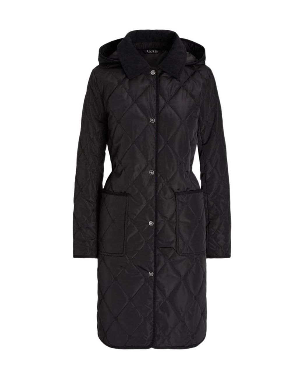 Ralph Lauren Black Corduroy-Trim Logo Quilted Hooded Coat