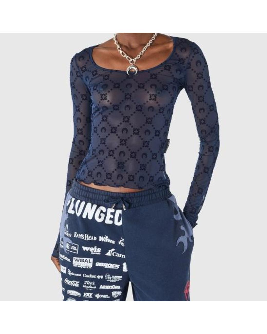 MARINE SERRE Blue Moonogram Mesh Flock Long Sleeves Roundneck Top