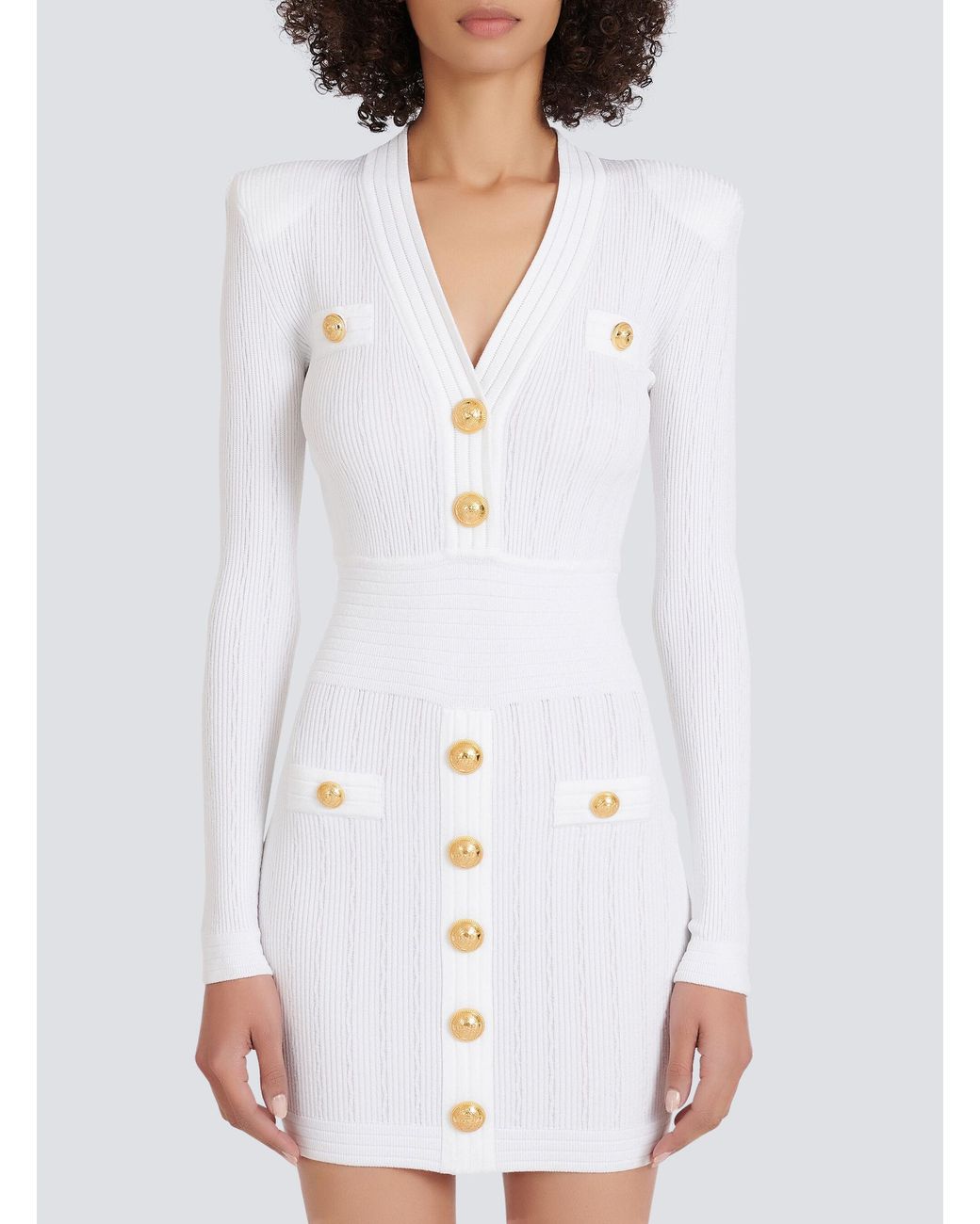 Balmain White Short Knitted Dress With Buttons