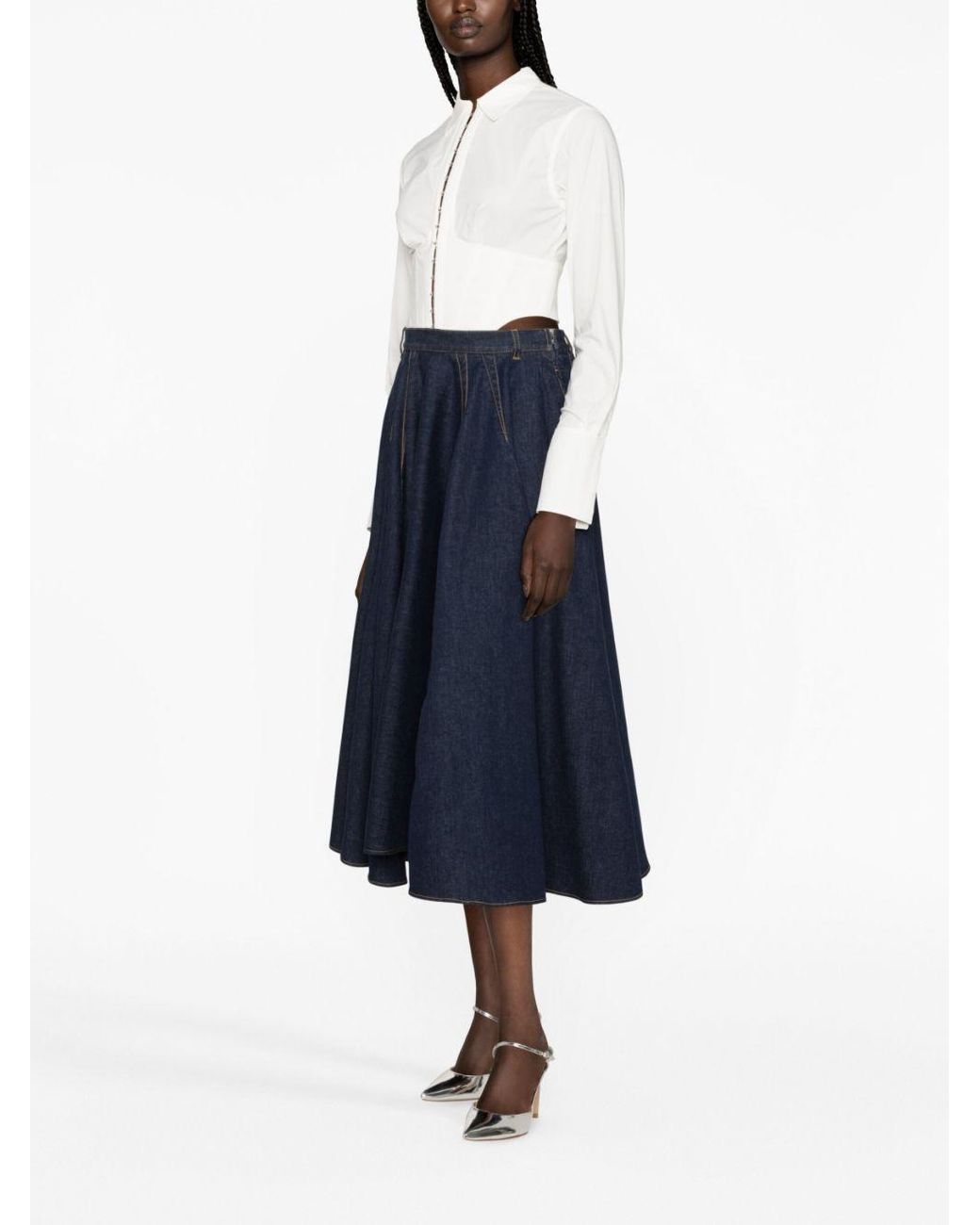 Alaïa Blue Alaïa Pleat Detailed Denim Midi Skirt