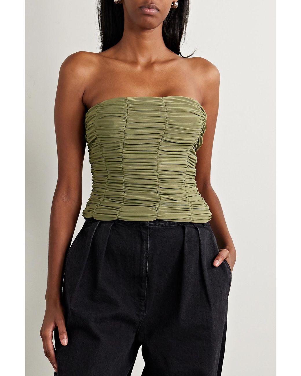 Tibi Green Convertible Off-The-Shoulder Ruched Jersey Top