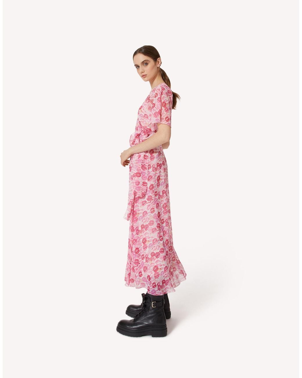 RED Valentino Pink Lip Print Flutter Sleeved Midi Dresses