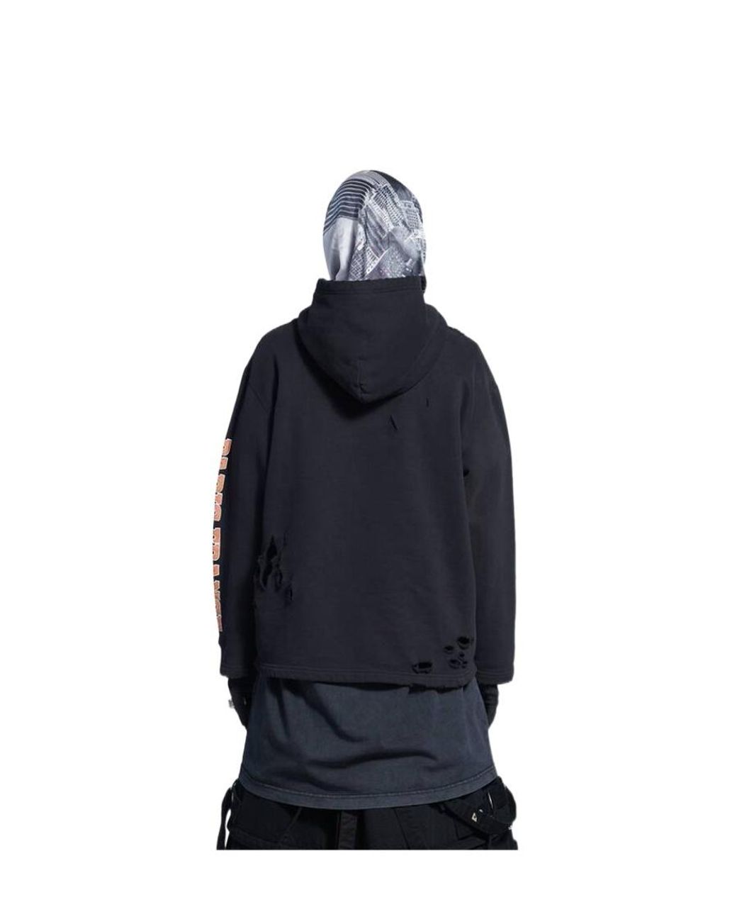 Balenciaga Black Distressed Logo Printed Hoodie