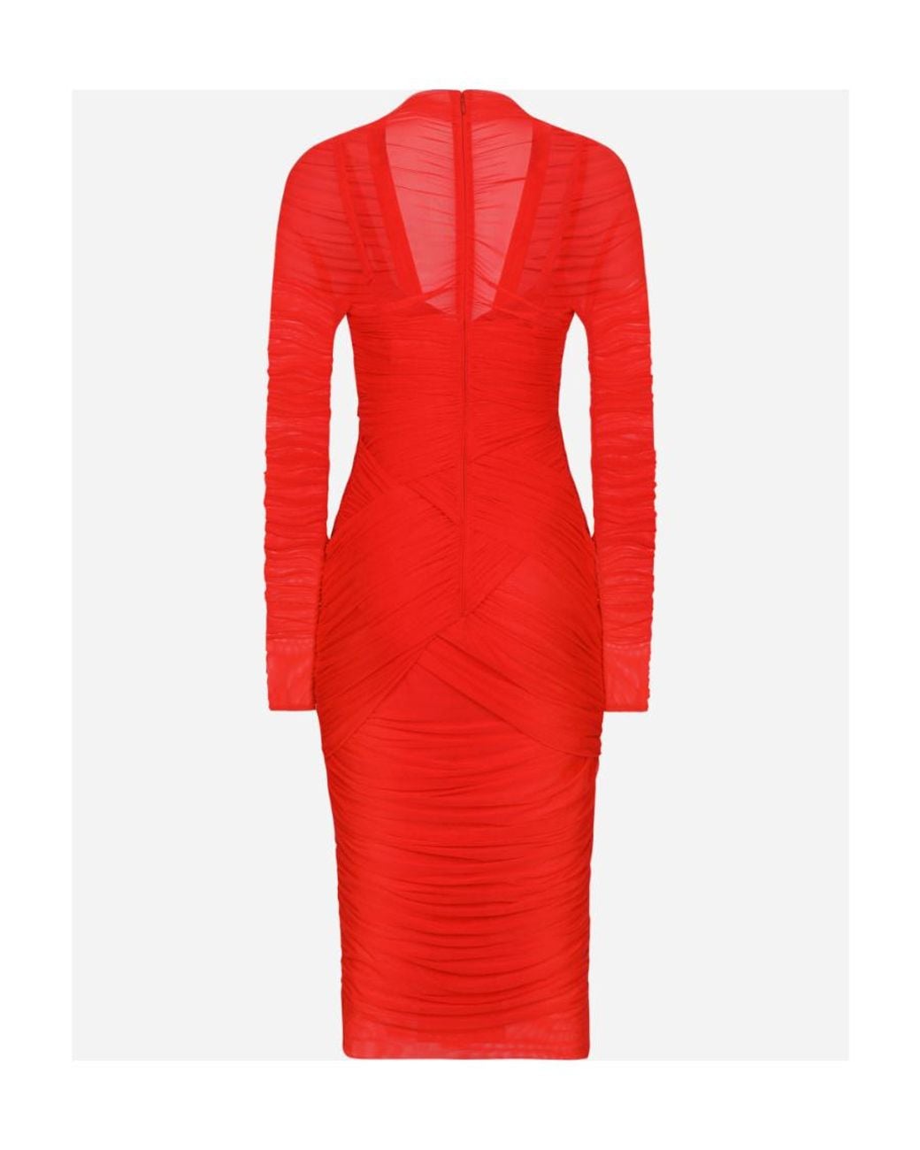 Dolce & Gabbana Red Tulle Draped Long-Sleeved Midi Dress