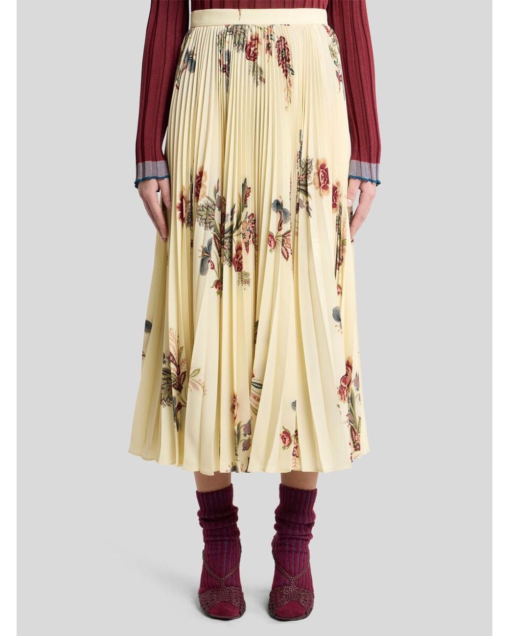 Etro Natural Floral Printed Pleated Midi Skirt